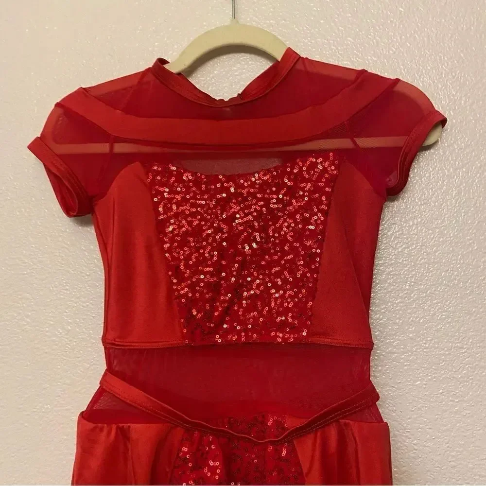 WEISSMAN Dance Costume red sequin mesh dress PLAY THAT SAX 11075 -Adult SA